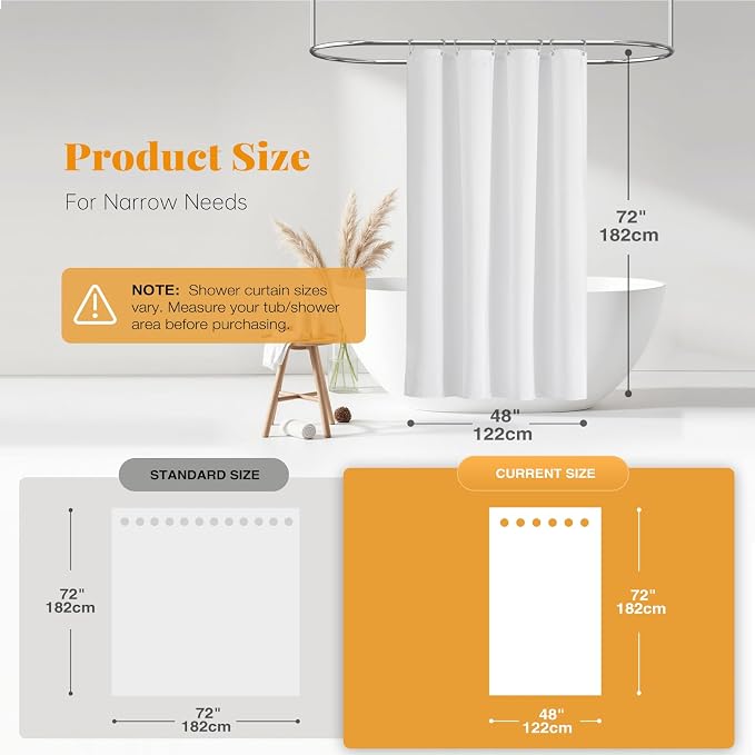 48x72 Linen Textured Waterproof Thick Fabric Shower Curtain Set, White | Stall Size, 230GSM Polyester, Heavy Duty Cloth, Weighted Hem, 8 Plastic Hooks, Modern Luxury Hotel Style, Machine Washable