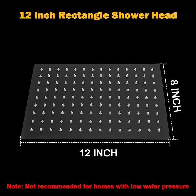NearMoon Rain Shower Head, High Flow Stainless Steel Rainfall Shower, High Pressure Design, Awesome Shower Experience Even At Low Water Flow (12 Inch Rectangle, Matte Black)