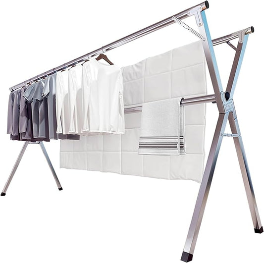 95 Inches Clothes Drying Rack, Drying Rack Clothing Folding Indoor Outdoor, Heavy Duty Stainless Steel Laundry Rack, Foldable Portable Large Clothes Rack Garment Rack with 20 Windproof Hooks