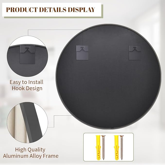 BEAUTYPEAK 24 Inch Round Mirror, Metal Frame Circle Mirror, Black | Wall Mounted for Entryway, Bathroom, Vanity, Living Room