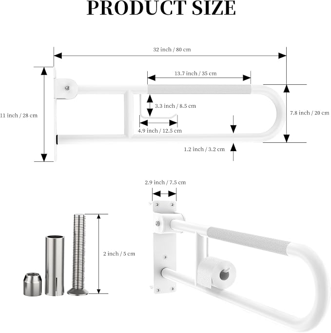 Toilet Grab Bar 32 Inch, YuanDe White Anti-Slip Support Rail | U Shaped Flip-Up Grab Bar with Paper Holder, Stainless Steel Knurled Handicap Safety Handrails for Disabled Elderly Pregnant
