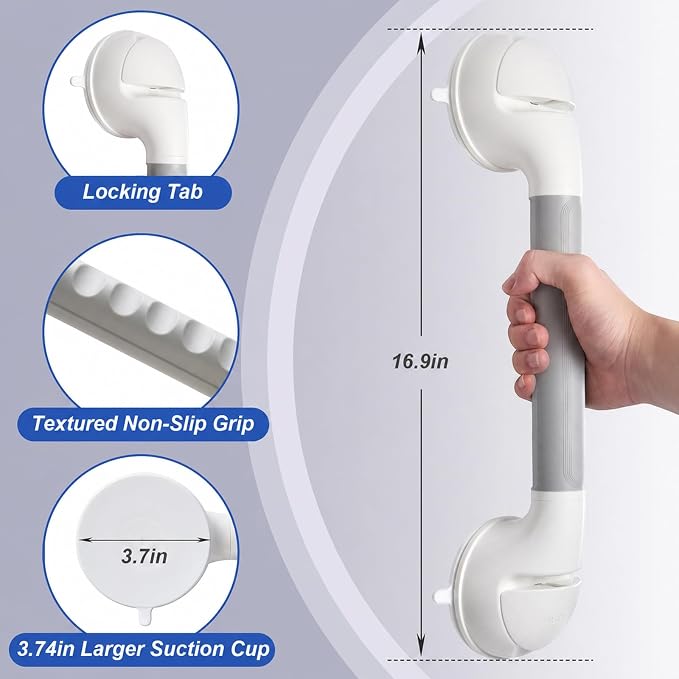 Suction Grab Bar 2 Pack, 16.9 Inch Shower Grab Bars for Seniors, No Drill Removable Bathroom Safety Handles for Bathtubs and Showers, Grey White