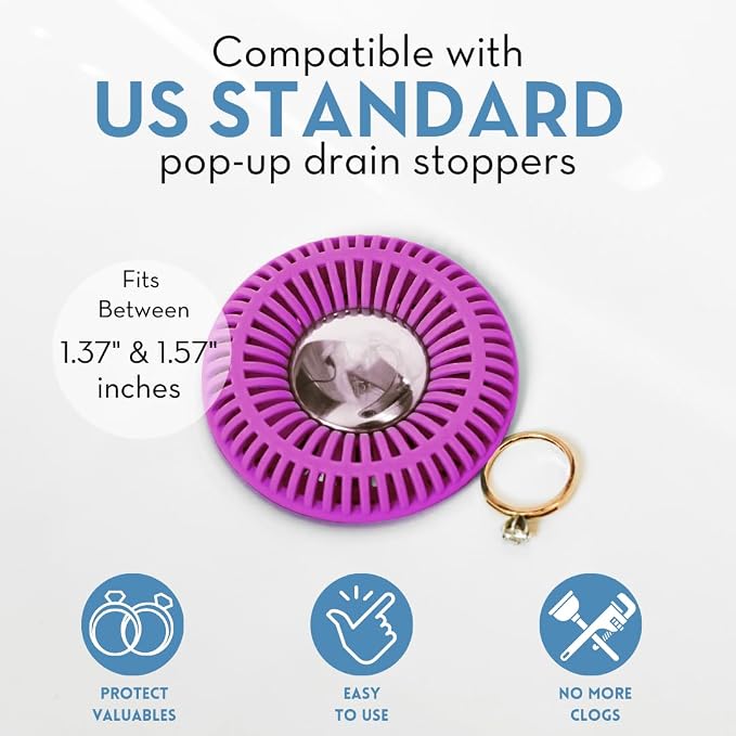 SinkRing Bathroom Sink Drain Protector & Strainer for Sink Stoppers, Purple | Easy snap-in design. Precision clog-free trap prevents loss of earrings, jewelry or contacts. Fits 1.37" - 1.57" stoppers.