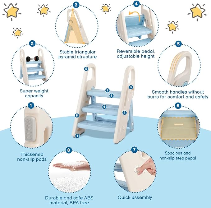 Foldable Toddler Step Stool for Bathroom Sink, Adjustable 3 Step Stool for Kids Toilet Potty Training Stool with Handles, Child Kitchen Counter Stool Helper, Plastic Ladder for Toddlers Blue