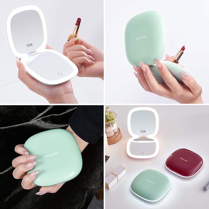 Mocado Compact Mirror with Light-4 Inches Compact 1x/10x Magnifying Mirror | Double Sides Lighted, 3 Colors Lighting, 0-100% Brightness, Diammable Touch, 1200mAh Rechargeable, For Pocket, Purse