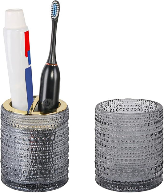 Grey Toothbrush Holders, 2pcs Glass Toothbrush Holder Set, 10oz Bathroom Tumbler Cup, Gold Tooth Brush Holder Storage Cup Organizer for Bathroom Accessories, Brushes,Toothpaste,Razor