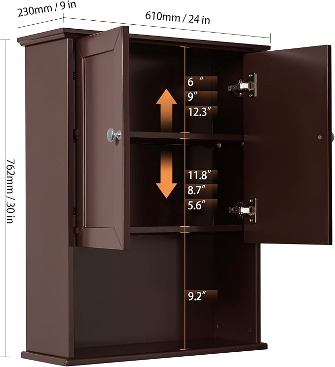 VANIRROR Bathroom Wall Mounted Cabinet Over Toilet Storage 24x30 inch | Above Toilet Wooden Medicine Cabinet with Adjustable Shelf & 2 Door for Entryway, Kitchen, Laundry Room