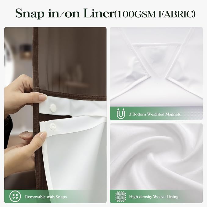 Brown Hook Free Waffle Shower Curtain & Snap-in Fabric Liner,72x75 | Less Time to install, 3 in 1 Fabric Shower Curtain and Liner Set with Magnets, Mesh Top Window, Shower Curtains for Bathroom