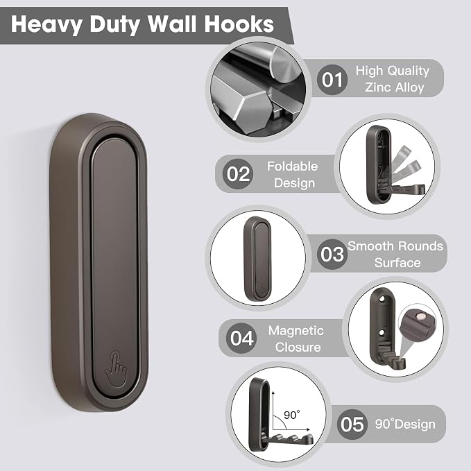Folding Wall Hooks, 2 Pack, Grey, Zinc Alloy, Heavy Duty Coat Hooks | 90° Foldable Design, Wall Mounted, Zinc Alloy, Flip-Down Design, Includes Screws And Anchors, For Bedroom, Entryway, Closet