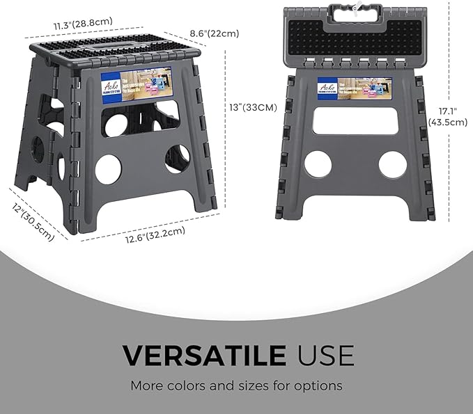 ACKO 13" Folding Step Stool, Non-Slip Surface for Adults & Kids, Dot Gray | Collapsible Heavy Duty Foldable Stools, Portable Foot Stepping Stool Holds 300 lbs, Kitchen Bathroom Outdoor, with Handle