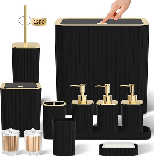 Bathroom Accessory Set - Bathroom Set, 12PC Bathroom Accessories Set, Black Bathroom Accessories Set, Mini Trash Can, Toilet Brush, Trash Can & Soap Dispenser
