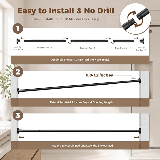 HYSEYY Heavy Duty Shower Curtain Rod,26-80inch Adjustable Tension Rod Black | No Drilling Shower Rods for Bathroom, 1" Diameter Spring Tension Curtain Rod, Non Slip Rust Proof Curtain Rod for bathtubs