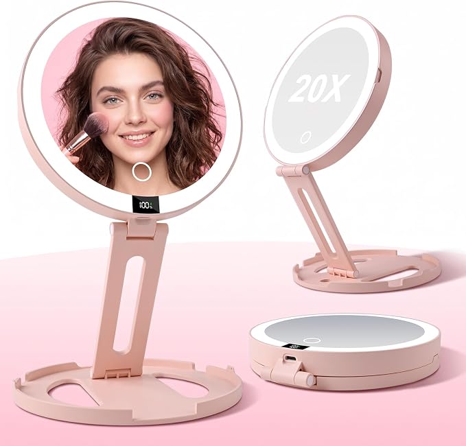 Foldable Travel Makeup Mirror with Lights 20X/1X Magnifying Mirror | Double-Sided Travel Magnifying Mirror With 3 Color Modes & Rechargeable,Dimmable Touch Screen, Smart Display