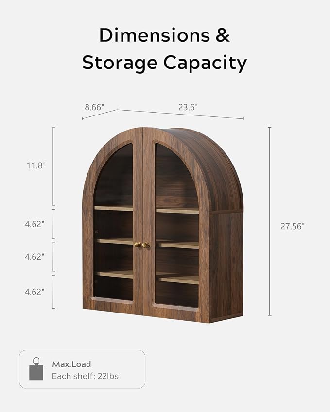 Fluted Arched Wall Cabinet, Large Wood Bathroom Medicine Cabinet Wall Mounted Cupboard, Modern Floating Storage Cabinet with Acrylic Door Adjustable Shelf, Organizer, Brown-Oak