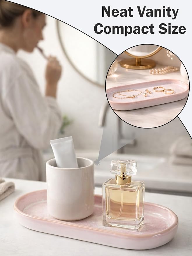 Glossy Pink Ceramic Bathroom Tray for Countertop, Small Vanity Organizer Dish for Perfume, Jewelry, Soap & Toiletries, Oval Decorative Tray for Bathroom, Dresser, Minimalist Home Decor