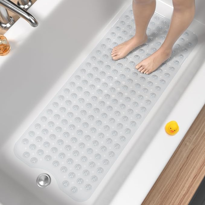 HITSLAM Bath Mat for Tub, Non Slip Bathtub Mat, 40 x 16 Inch Extra Long Bath Tub Mat, Machine Washable Bathroom Shower Mat with Suction Cups and Drain Holes, Soft on Feet, Clear