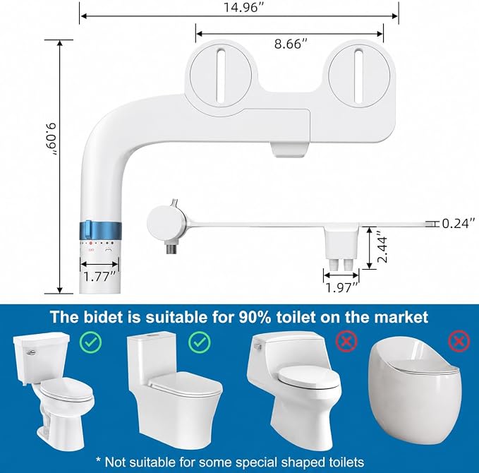 Bidet Attachment for Toilet, Non Electric Dual Nozzle, Self Cleaning Toilets Bathroom Spray for Butt Wash, Easy Slim Adjustable Pressure Control, Rv Bidets Gifts, Blue