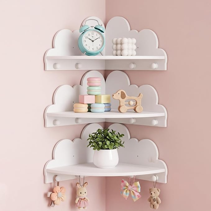 Novabright 3 Pcs Cloud Corner Floating Shelves for Nursery, 90 Degree Wall Mounted Corner Shelf with Hooks, Cute White Dispaly Shelves for Kids Rooms Home Decor - 2 No Hook, 1 with Hook