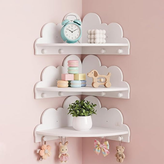 Novabright 3 Pcs Cloud Corner Floating Shelves for Nursery, 90 Degree Wall Mounted Corner Shelf with Hooks, Cute White Dispaly Shelves for Kids Rooms Home Decor - 2 No Hook, 1 with Hook