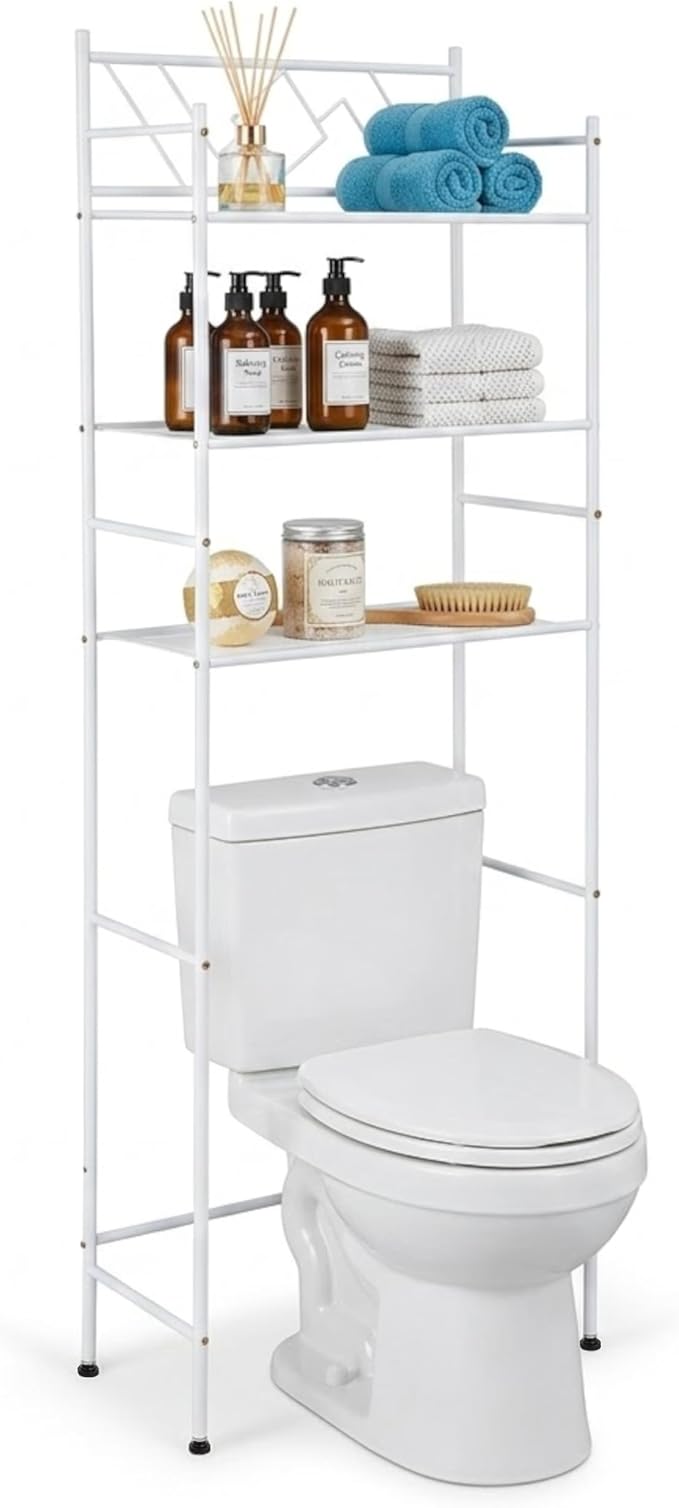 Home Zone Living Over-the-Toilet Bathroom Storage Cabinet Organizer | Freestanding Steel Frame Design with 3-Tier Shelves and Adjustable Feet, White