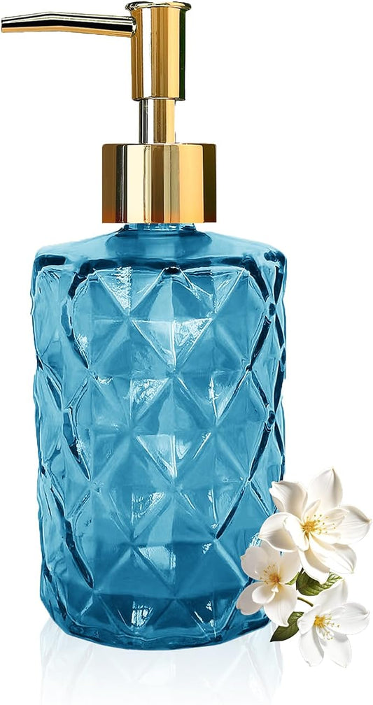 Blue Glass Soap Dispenser, Bathroom Shower & Shampoo Dispenser, Foam Hand Soap Dispenser with Gold Pump,11Oz/330ml Refillable Kitchen Dish Soap Bottle for Home Hotel