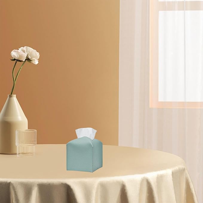 1PC Square Tissue Box Cover, PU Leather Square Tissue Box Holder with Bottom Belt Modern Tissue Box Organizer for Bathroom/Car/Hotel/Office (5.25”x5.25”x5”, Light Blue)
