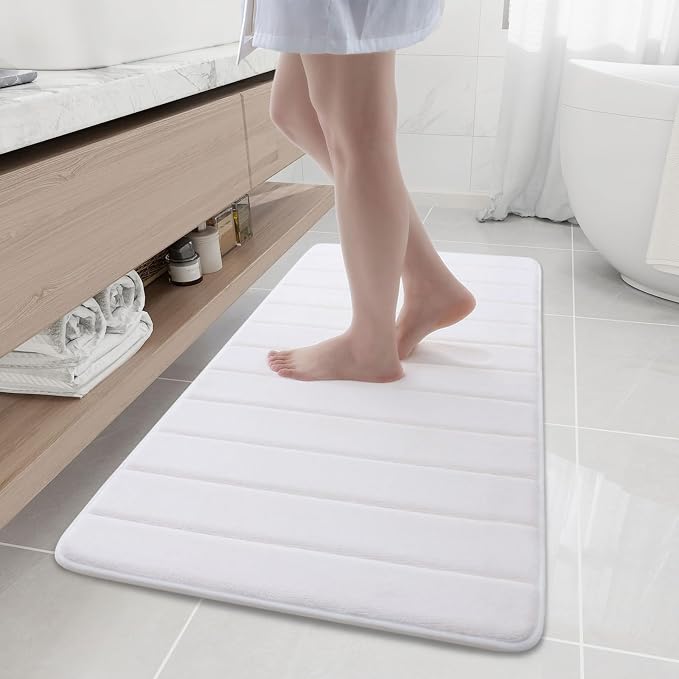 Buganda Memory Foam Bath Mat 47 x 20, Ultra Soft Absorbent Bathroom Rugs | White, Machine Washable Quick Dry Bath Mats for Bathroom Floor, Shower and Tub, Home Decor Accessories