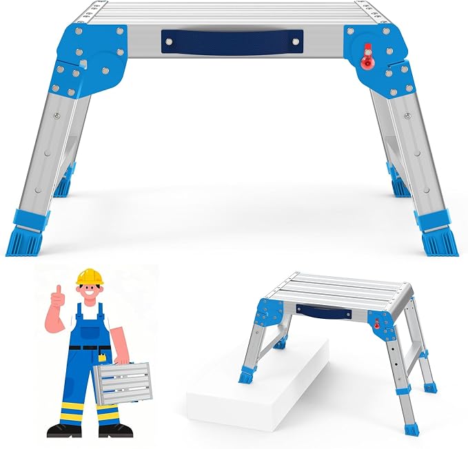 Work Platform 440 lbs with One-Touch Automatic Fold, Standard, Blue | Folding Step Stool, 3 Height Adjustment Platform Step, Perfect for RV Cleaning, Home Painting and Reaching High Places