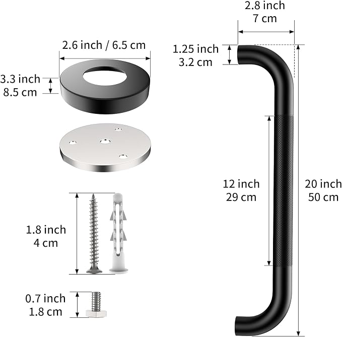 ZUEXT 20 Inch Matte Black Anti Slip Shower Grab Bar with Knurled Grip | Bathroom Balance Support Rail, Assist Handle for Handicap Seniors, Wall Mount Stainless Steel Bath Safety Handrail, 1.25" Dia