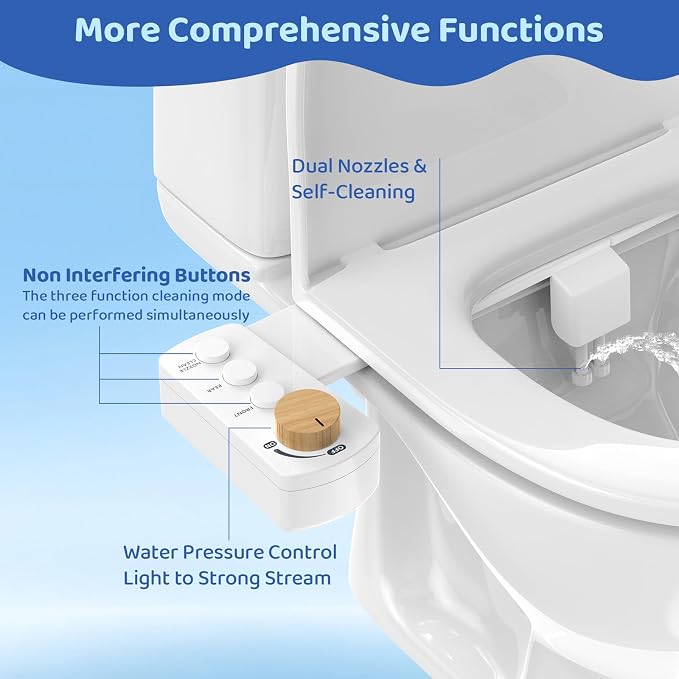 Bidet Attachment for Toilet Seat, Ultra Slim | Easy Control | Adjustable Water Pressure | Non-Electric Self-Cleaning Dual Nozzle | Cold Water Bidet for Frontal & Rear Wash, Bamboo Knob
