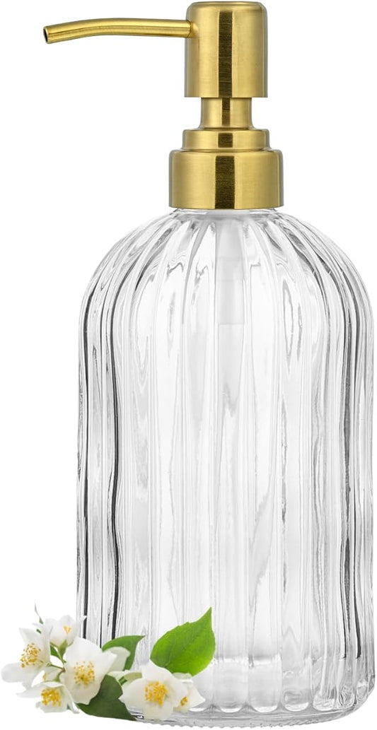 Clear Glass Soap Dispenser | with Golden 304 Rustproof Stainless Steel Pump 18oz for Kitchen and Bathroom Hand Soap Dispenser Bottle