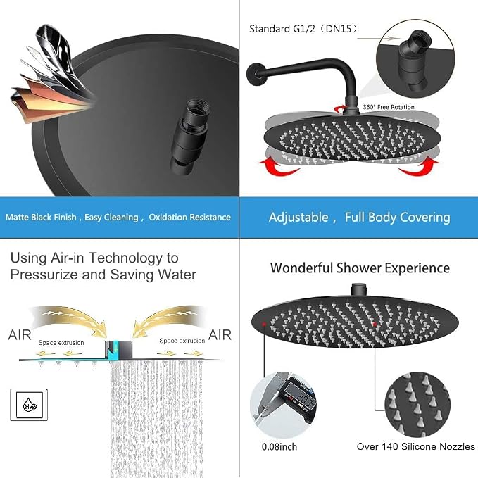 NearMoon Rain Shower Head, Ultra-Thin Design-Pressure Boosting, Awesome Some Experience, High Flow Stainless Steel Rainfall Head (12 Inch, Matte Black)