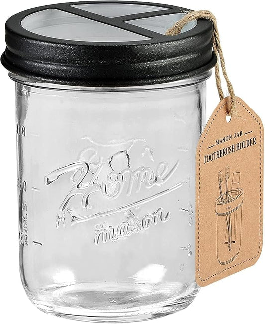 SheeChung Mason Jar Toothbrush Holders, Farmhouse Toothpaste Organizer, 1Pc | Black Glass Electric Tooth Brush Holder for Bathroom Countertop, Removable Stainless Steel Lid,3 Divider,Rustic Vintage Decor
