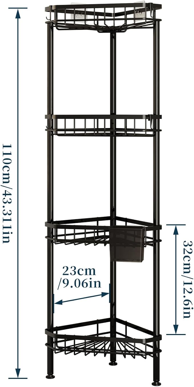 Consumest Corner Shower Caddy Stand - Rustproof Bathroom Organizer&Storage | 4 Tier Shower Shelves for Inside Shower, Stainless Steel Corner Shelf with Soap Holder, 4 Hooks, Brush Holder, Black