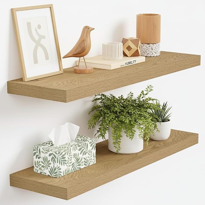 Vivelove Floating Shelves 9 inch Deep 24”Long Set of 2, Oak | Easy Install With Hardware, 1.5" Thick, Invisible Brackets, Wall Mounted, No Sagging, For Any Room