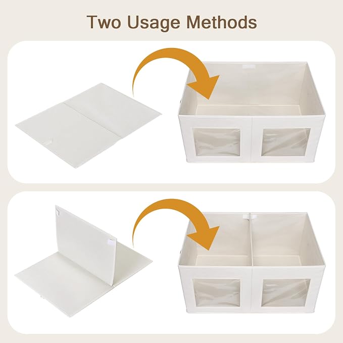 Univivi Large Fabric Storage Bins with Lids for Clothes 2 Pack, Beige | 24 x 17 x 12 In Foldable Storage Boxes with Handles, Clear Window, Closet Organizers for Home, Bedroom