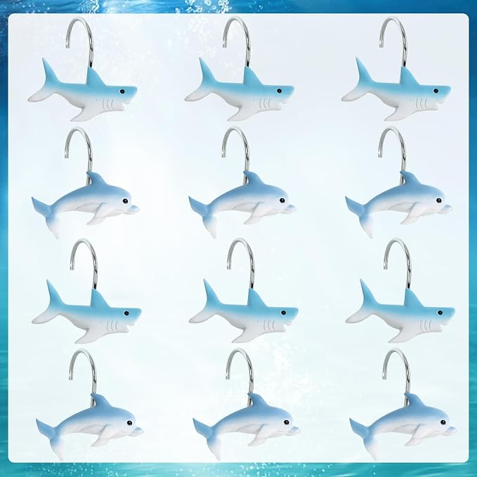 12-Piece Shark Shower Curtain Hooks for Bathroom | Dolphin Decorative Shower Curtain Hooks, Stainless Steel Shower Hangers Rings