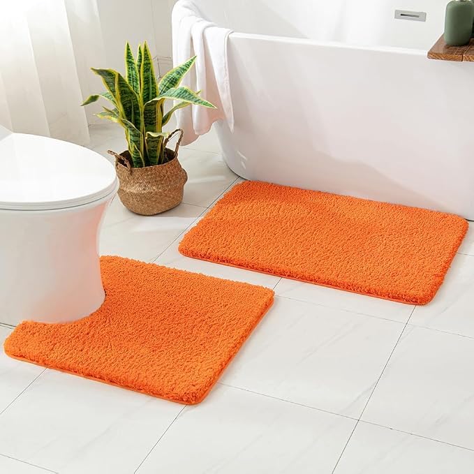 MIULEE Fall Orange Microfiber Toilet Bath Rug U-Shaped Contour 24x24 Inch | Absorbent, Non Slip, Quick Dry, Fluffy Bath Rugs for Bathroom Floor Tub Showers, Machine Washable