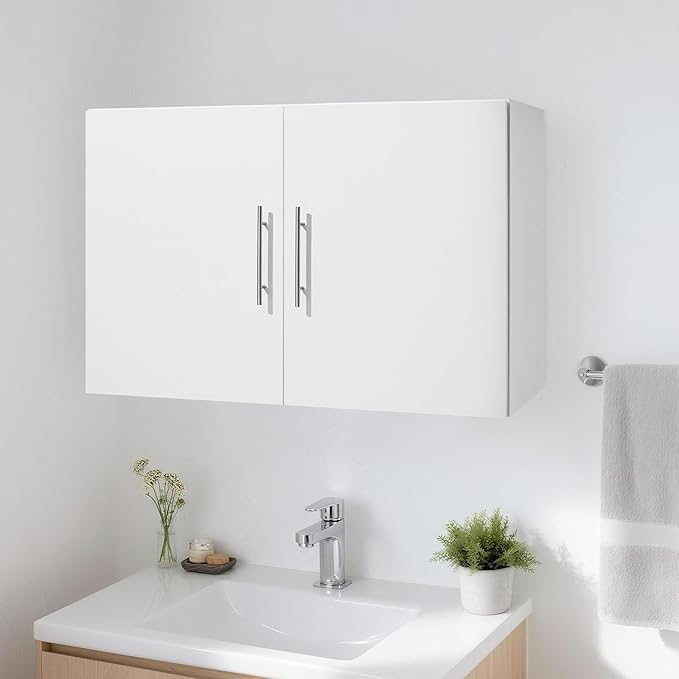 VEVOR Laundry Room Wall Cabinet, 2-Tier Wall Mounted Hanging Cabinet with Adjustable Shelf, 36 in Cupboard Storage with 2 Doors, for Kitchen, Bathroom, Laundry, 16 x 36 x 24 in (D x W x H), White