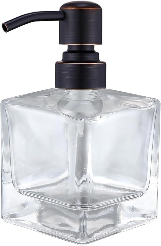 Square Bathroom Soap Dispenser Oil Rubbed Bronze, Glass Bottles with Stainless Steel Pump Retangle Cube Liquid Soap Dispenser Hand Kitchen with Waterproof Lables