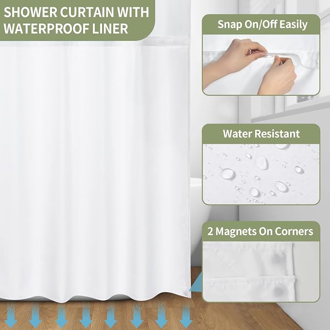 Hookless Shower Curtain with Snap in Liner, Green No Hook Shower Curtains for Bathroom，Shower Curtain and Liner Set for Bathroom Decor,Waterproof & Washable,72W x 81L Inch