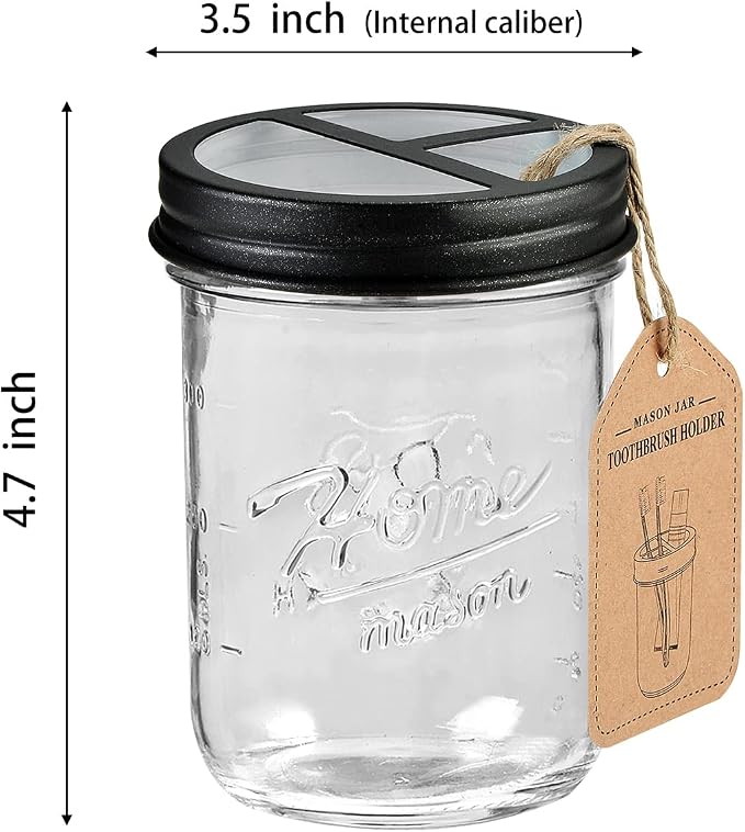 SheeChung Mason Jar Toothbrush Holders, Farmhouse Toothpaste Organizer, 1Pc | Black Glass Electric Tooth Brush Holder for Bathroom Countertop, Removable Stainless Steel Lid,3 Divider,Rustic Vintage Decor
