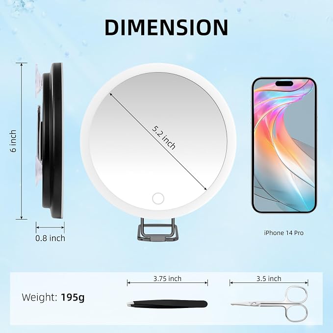 Travel Makeup Mirror with 40X Magnification, Magnifying Mirror with Suction Cups & Stand, 3 Color Dimmable LED Lights, 1200mAh Rechargeable for Detailed Eye Facial Makeup, Seniors with Low Vision