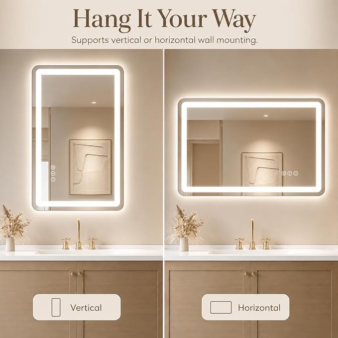 24x36 LED Lighted Bathroom Mirror for Vanity | Front Lights and Backlit, Rounded-Corner Rectangle, 3 Colors, Dimmable, Anti-Fog, Memory, Tempered Glass, UL
