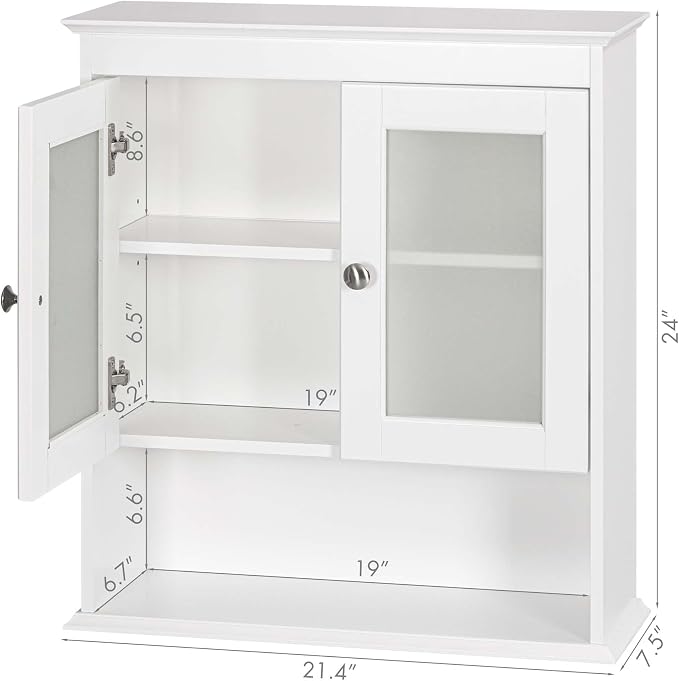 Spirich Bathroom Wall Cabinet with Glass Doors, White Medicine Cabinet | FSC-Certified MDF, Adjustable Shelf, Open Bottom Shelf, Wall Mount Storage for Bath, Kitchen, Laundry Room or Entryway