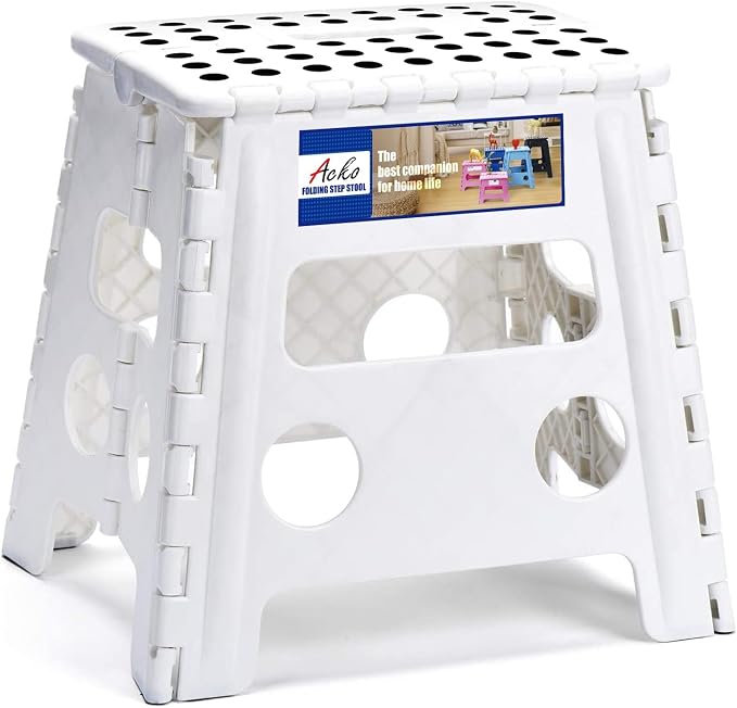 ACKO Folding Step Stool 13 Inch, Heavy Duty for Adults and Kids, White | Collapsible Foldable Stools, Non-Slip Surface Foot Stepping stool for Kitchen Bathroom Outdoor, Holds 300 lb, Built-in Handle