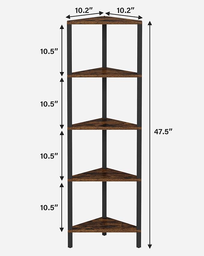 TUTOTAK Corner Shelf, 5-Tier Corner Bookshelf for Small Space | Narrow Display Corner Shelf Stand with Storage Rack, for Living Room, Bedroom, Rustic Brown BS05BB005