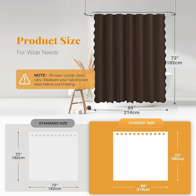 84x72 Boho Scalloped Linen Textured Cloth Shower Curtain Set, Brown | Wide Size, 230GSM Waterproof Polyester, Heavy Duty Fabric, 14 Plastic Hooks, Elegant Modern Farmhouse Style, Machine Washable