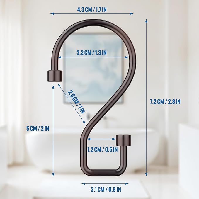 Shower Curtain Hooks, 12 Pcs S Shape Shower Curtain Rings, Rustproof Bronze Shower Curtain Hooks Rust Proof, Multi-Functional Shower Hooks for Shower Curtain, Clothing, Towels (Bronze)