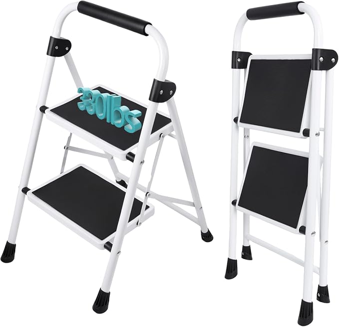 OLIXIS 2 Step Ladder, 330lbs Foldable Step Stool with Anti-Slip Pedal | Heavy Duty Portable Stepping Stool with Sturdy Steel Ladder & Comfortable Handrail, for Kitchen, Garage, Outdoor Use - Black